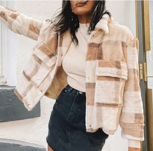 Lapel Plaid Plush Short Coat